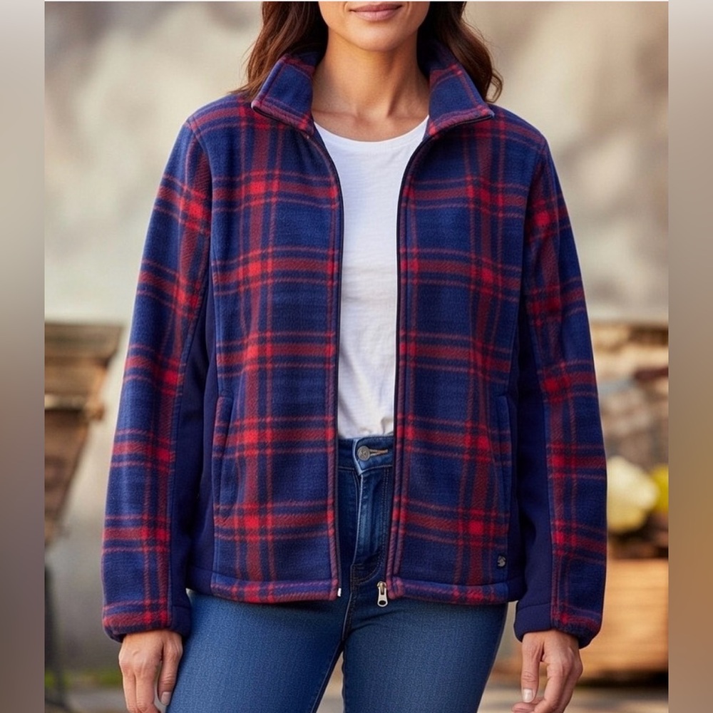 🛶Northern Reflections Fleece Full Zip Plaid Jacket in Blue and Red Size Medium
